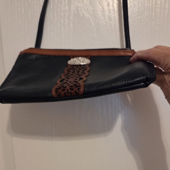 Brighton Gypsy Lace Navy Blue and Brown Crossbody Bag with Silver Emblem - Picture 7 of 9